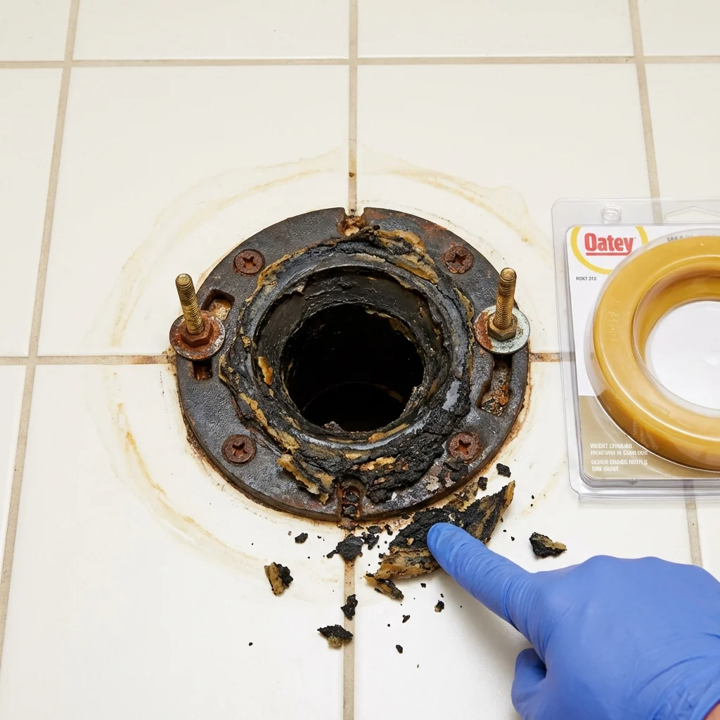 Failed wax ring showing water seepage at the base of a toilet in a Jefferson City, MO home