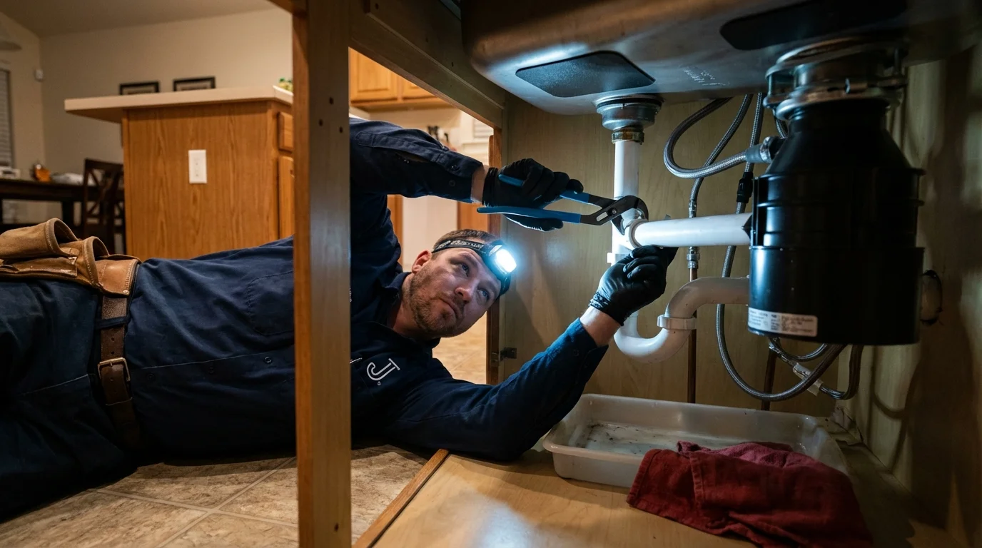 P-trap and supply line connections under a kitchen sink showing a common leak point in Jefferson City, MO